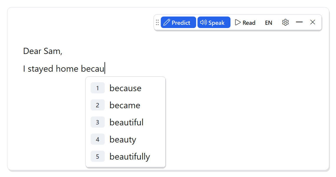 A letter being written: below “I stayed home becau”, Plume suggests because, became, beautiful, beauty and beautifully, numbered 1 to 5; Plume's toolbar is at the top right.