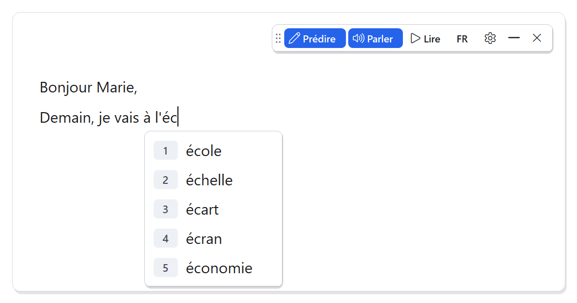 Une lettre en cours d'écriture : sous « Demain, je vais à l'éc », Plume propose école, échelle, écart, écran et économie, numérotés de 1 à 5 ; la barre d'outils de Plume est en haut à droite.